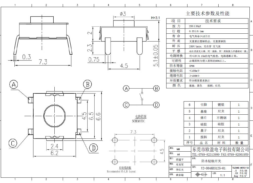 6.2*6.2*3.1插腳250G紅色輕觸開(kāi)關(guān)